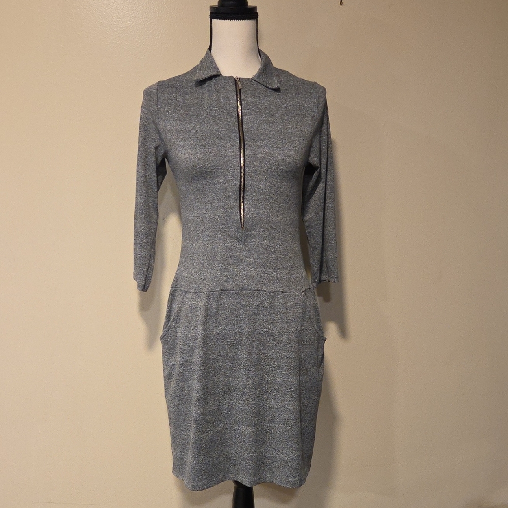 Gray Long Sleeve Polo Collar Sheath Dress